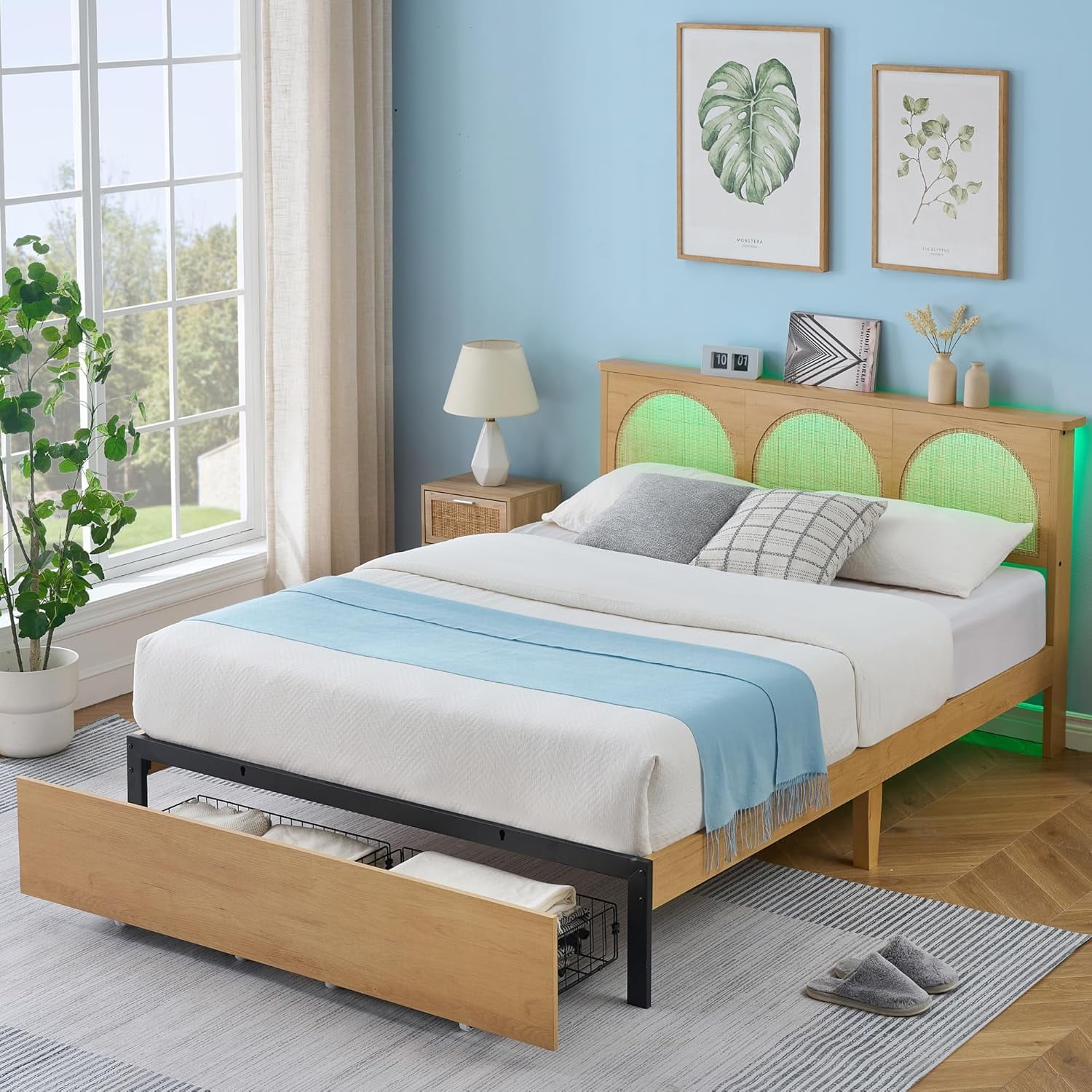 Full Size Natural Rattan Bed Frame with LED Lights and Storage Drawers