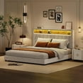 thumbnail image 1 of YUSAZENS Bed Frame, King Size Bed Frame with LED Lights, Upholstered Headboard Platform Bed with Charging Station & Storage Bookcase, Stable & Noise-Free, No Box Spring Needed, Off White, 1 of 8
