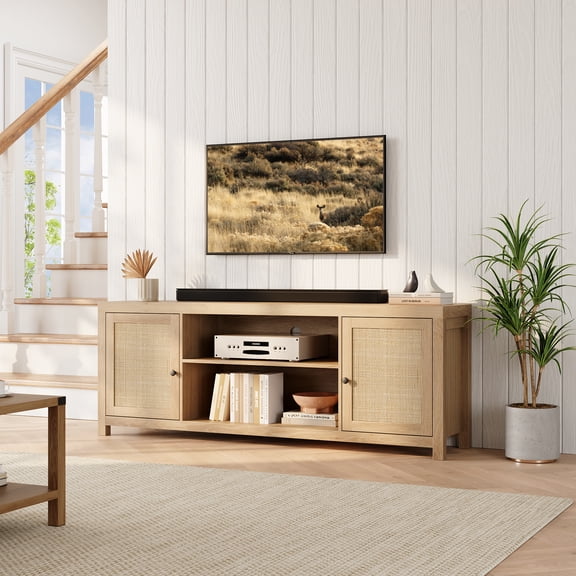 YUSAZENS Boho TV Stand for 65 Inch, Rattan Entertainment Center, 2-Tier Wooden TV Console Cabinet with Storage, Natural Oak