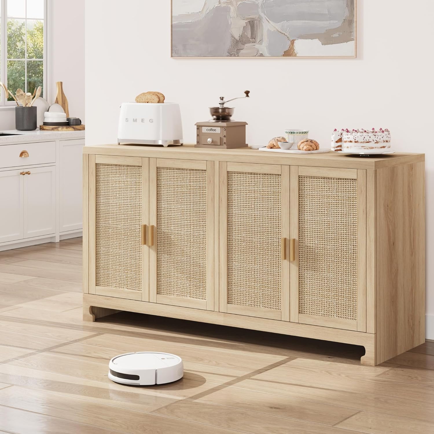 Natural Rattan and MDF 4-Door Buffet Cabinet with Shelf