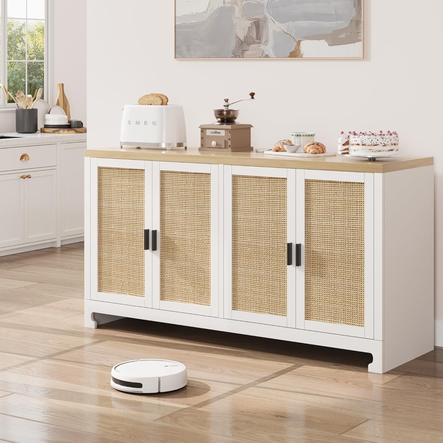 White and Natural Rattan 4-Door Buffet Cabinet with Shelf