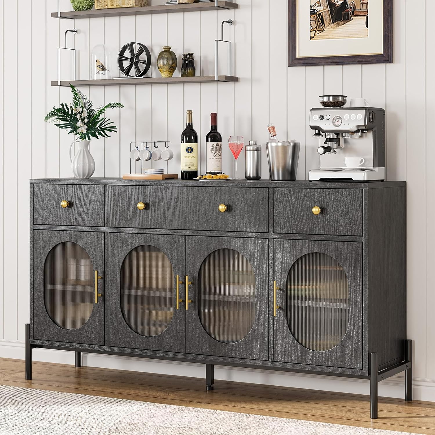 Black Iron and Engineered Wood Buffet Cabinet with Fluted Glass Doors