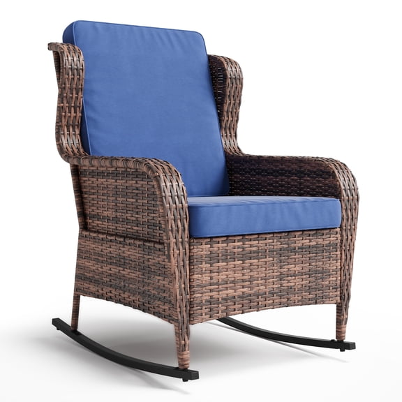 YUSAZENS Classic Woven PE Rattan Single Rocking Chair,Gradient Gray PE Rattan   Blue Cushions for Patio, Porch, Garden, Living Room