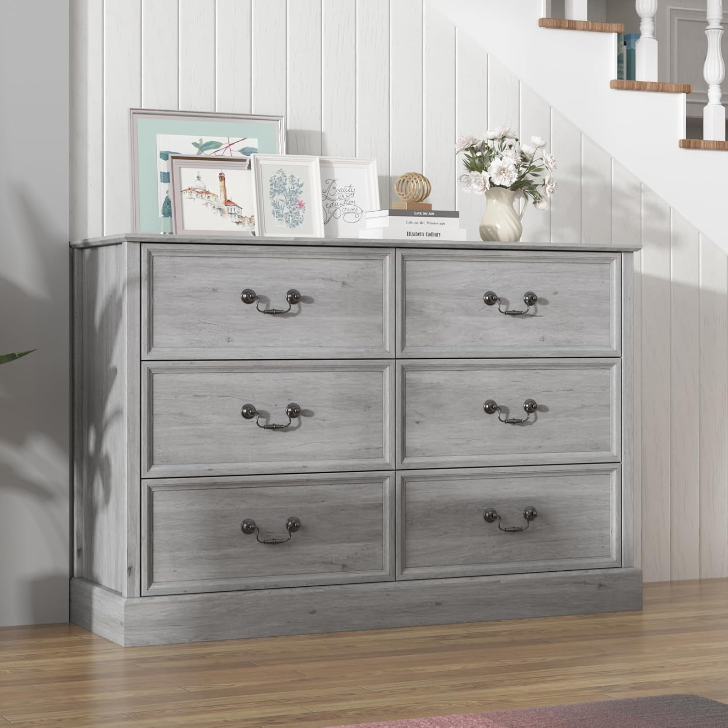 YUSAZENS Farmhouse 6 Drawer Dresser for Bedroom, Rustic White Chest of ...