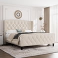 thumbnail image 1 of YUSAZENS Full Bed Frame with 4 Storage Drawers, Wingback Headboard, Charging Station, Diamond Design, No Box Spring Needed, Beige, 1 of 5