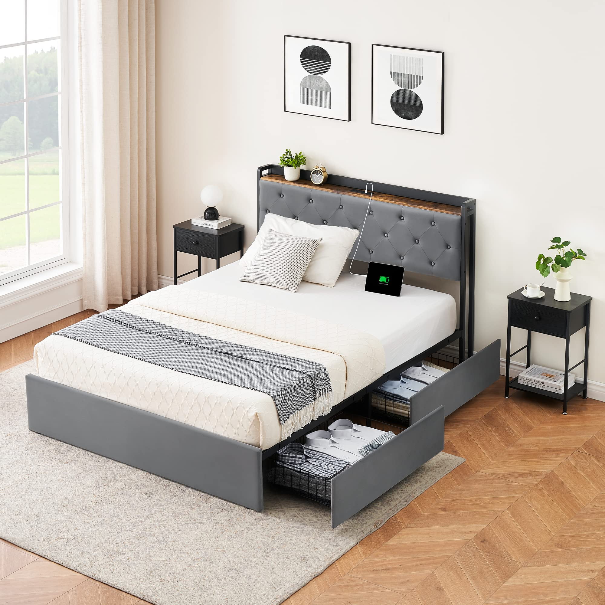 Gray Full Upholstered Bed Frame with Storage and USB Charging