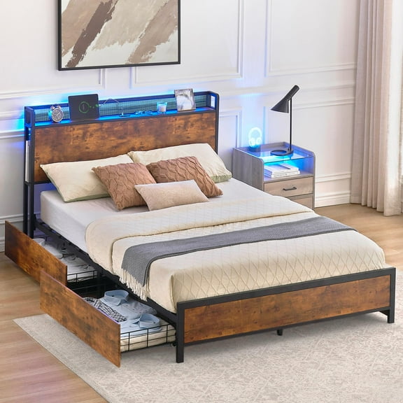 YUSAZENS Full Size Bed Frame with LED Lights and USB Charging Ports Headboard, Platform Bed Frame Full with Storage Headboard and 4 Drawers, No Box Spring Needed, Retro