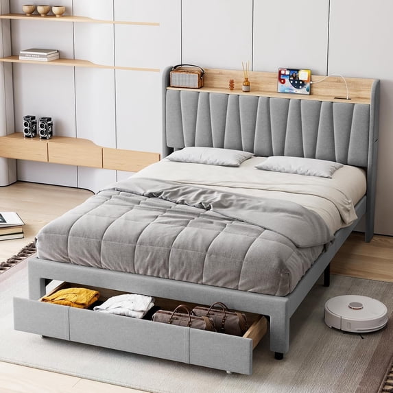 IdealHouse Full Size Upholstered Bed Frame with Storage Headboard, Drawer, Charging Station, Linen Platform, No Box Spring Needed, light Grey