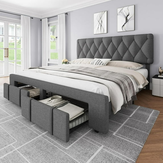 IdealHouse King Size Upholstered Platform Bed Frame with 2 Storage Drawers, Solid Wood Slats, No Box Spring Needed, Noise-Free, Grey