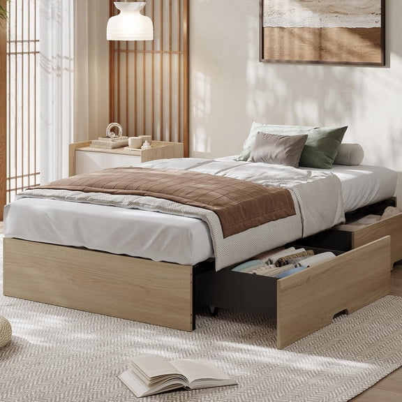 Senfot King Wood Platform Bed Frame with 2 Storage Drawers – No Headboard, Wood Slat Support, No Box Spring Needed, Easy Assembly
