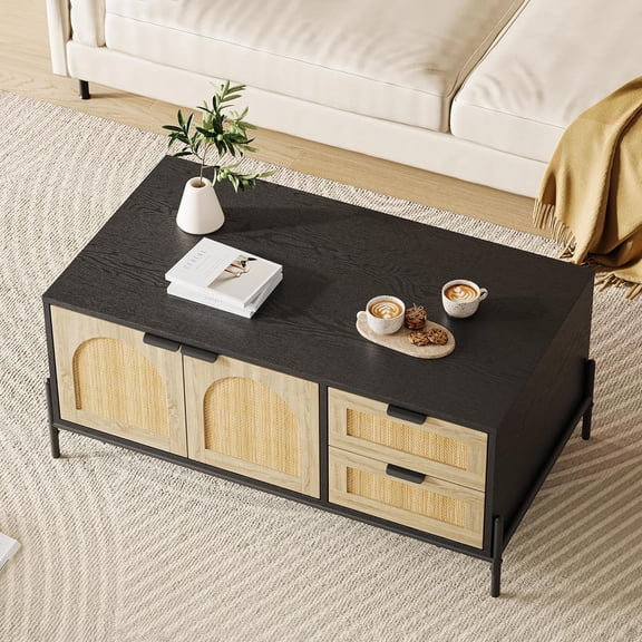 YUSAZENS LED Rattan Coffee Table with 2 Drawers, 2 Arched Doors & Open Shelf, Mid Century Modern, Black Oak Metal Frame, Rectangle Center Table for Living Room Apartment Farmhouse
