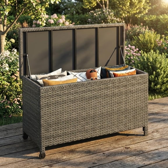 YUSAZENS Medium Outdoor PE Rattan Storage Box, Reinforced Steel Frame Deck Storage Chest, Weather Resistant Compact Organizer for Patio Cushions, Garden Tools & Outdoor Sundries, Brown Wicker