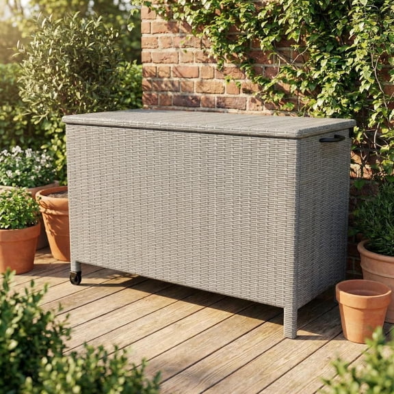 YUSAZENS Medium Outdoor PE Rattan Storage Box, Reinforced Steel Frame Deck Storage Chest, Weather Resistant Compact Organizer for Patio Cushions, Garden Tools & Outdoor Sundries, Gray Wicker