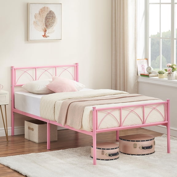 YUSAZENS Metal Bed Frame Twin Pink, Sturdy Modern Stylish Iron Twin Bed Frame with Headboard and Footboard, No Box Spring Needed, Simple Assembly, Under Bed Storage