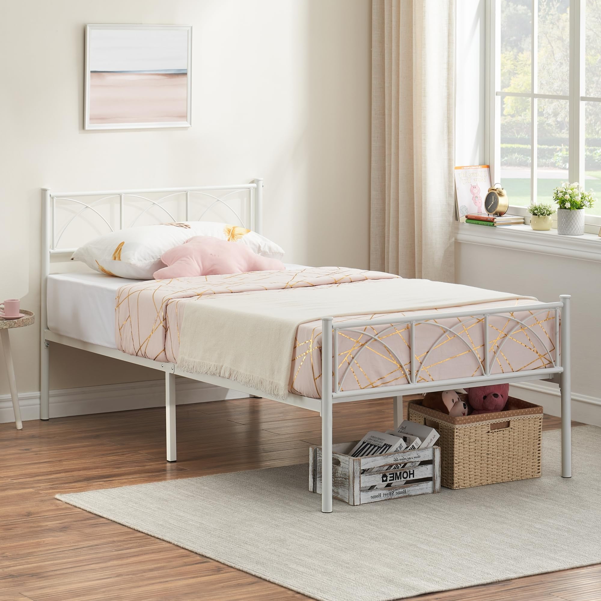 YUSAZENS Metal Bed Frame Twin White, Sturdy Modern Stylish Iron Twin