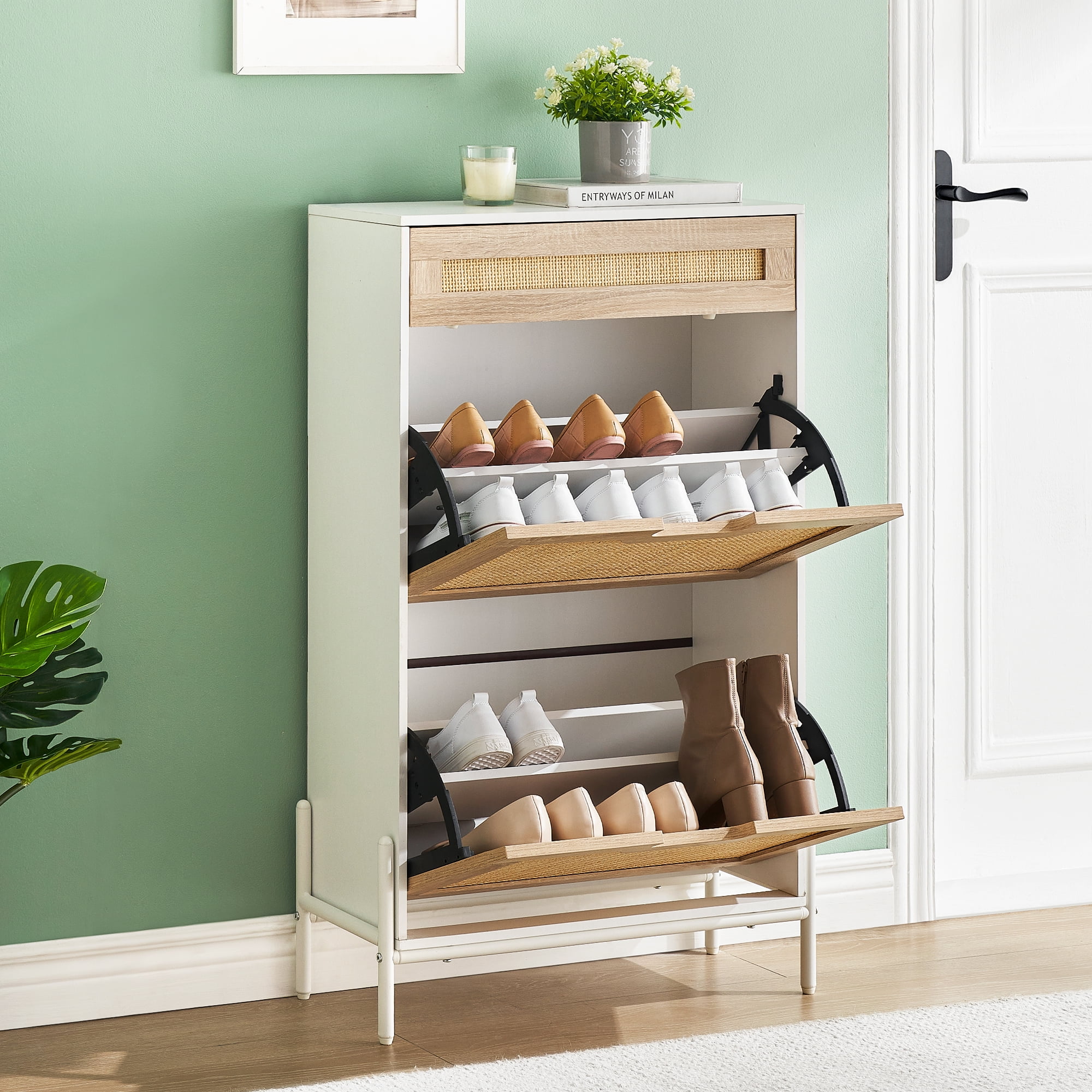 White Wood and Rattan 2-Door Shoe Cabinet with Adjustable Shelves