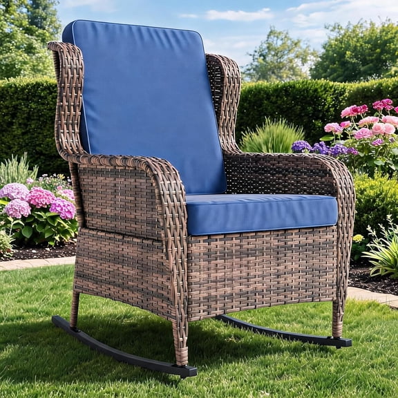 YUSAZENS Outdoor Wicker Rocking Chair with Thick Cushions, High Back, Deep Seating & Wide Armrests, All-Weather for Garden, Porch, Backyard, Patio