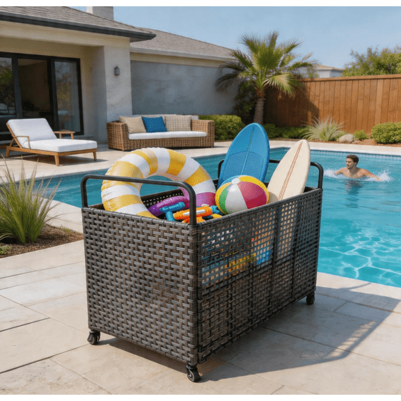 YUSAZENS Poolside PE Rattan Storage Organizer, Rolling Mesh Outdoor Storage Bin, Mobile Pool Float Holder for Pool Noodles, Floats, Balls & Swim Gear, Weather Resistant Storage Cart, Brown