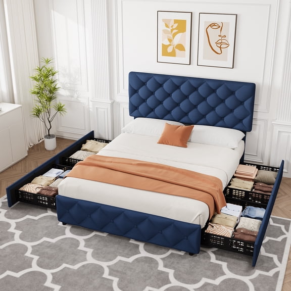 YUSAZENS Queen Bed Frame with 4 Storage Drawers and Headboard Adjustable, Blue Upholstered Platform Bed Frame Queen Size No Box Spring Needed with Wooden Slats Support, Noise Free