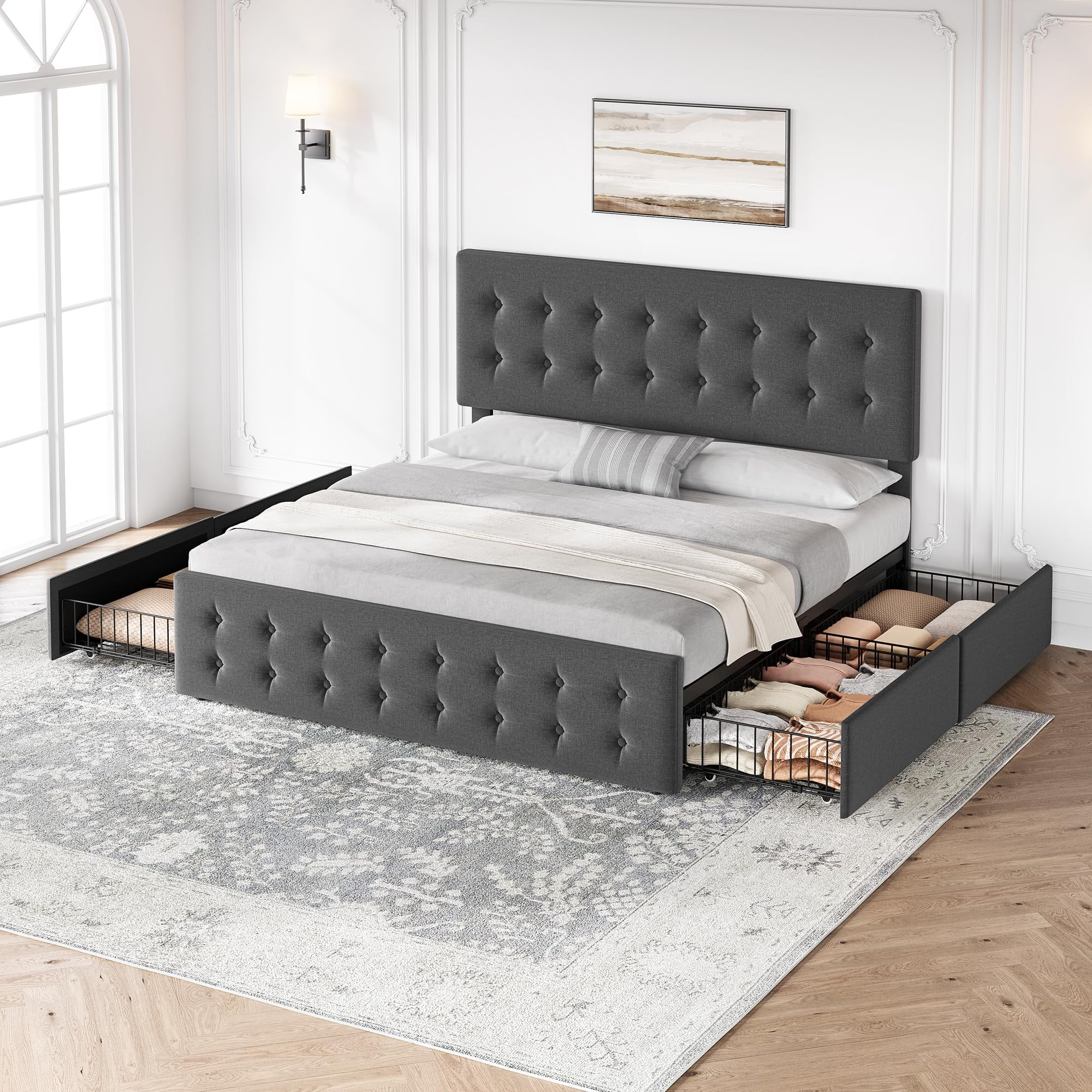 YUSAZENS Queen Bed Frame with 4 Storage Drawers and Headboard ...
