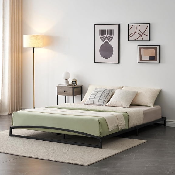 YUSAZENS Queen Size 6-Inch Low Profile Metal Platform Bed with Arched Headboard & Footboard, 13 Slats for Support, Noise-Reducing Pads, No Box Spring Needed, Black – for Bedroom Small Space