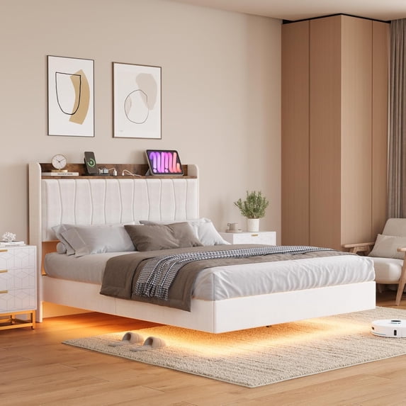 IdealHouse Queen Size Floating Bed Frame with LED Lights & Charging Station - Upholstered Platform Bed, No Box Spring Needed, Noise-Free, Beige