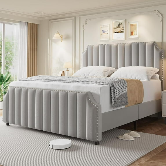 YUSAZENS Queen Size Velvet Bed Frame with 50.2" Tufted Headboard & Footboard, Nailhead Trim, No Box Spring Needed, Noise-Free, Grey