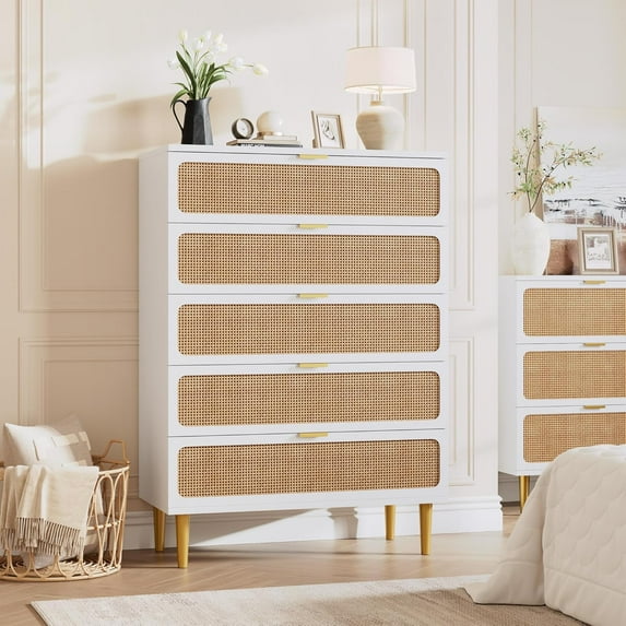 YUSAZENS Rattan 5 Drawer Dresser for Bedroom, Tall Dresser with Deep Drawers, Large Chest of Drawers for Closet with Wide Top, Long Wooden Dresser for Living Room, Hallway, Kids Room