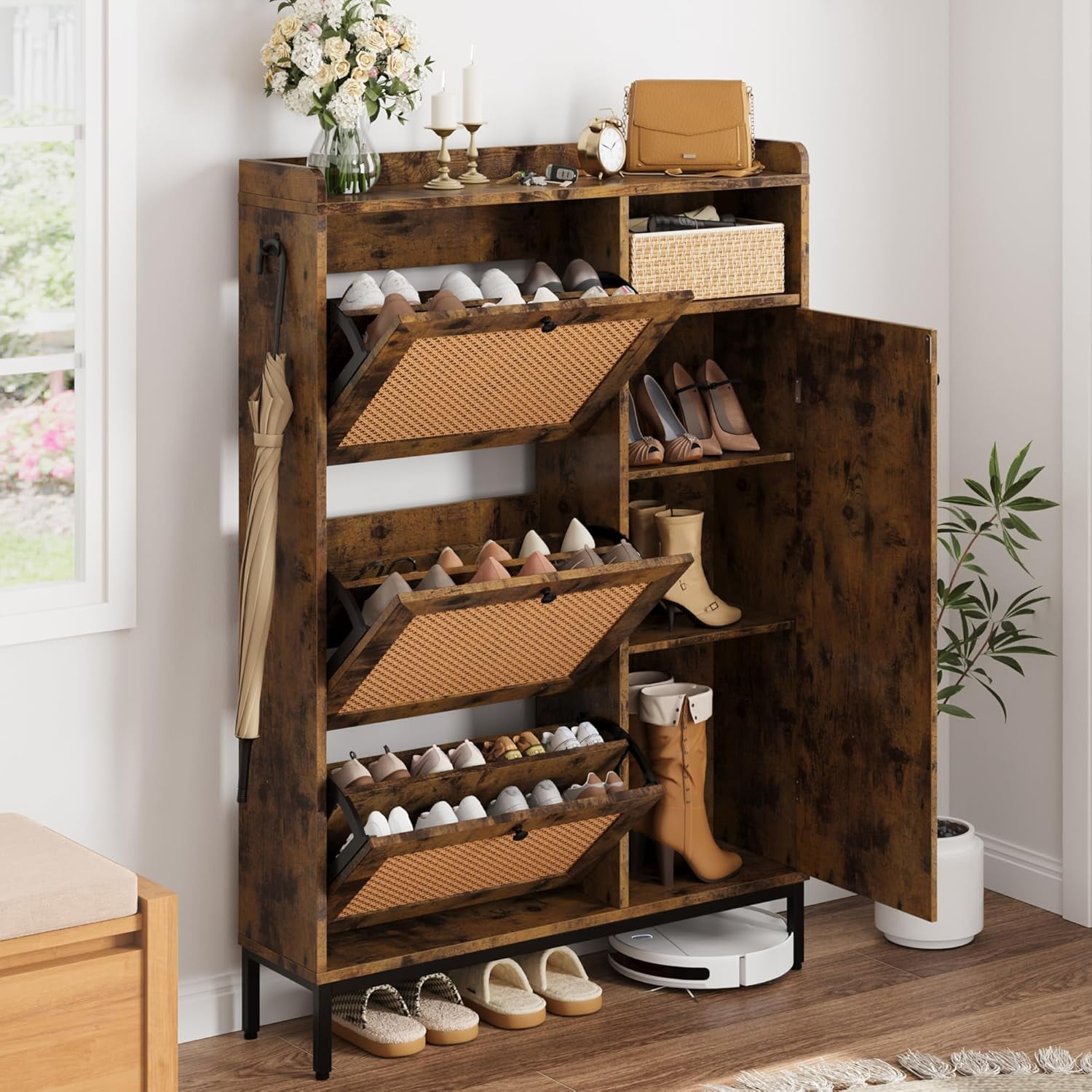 Brown Rattan and MDF Wood Shoe Cabinet with Flip Drawers