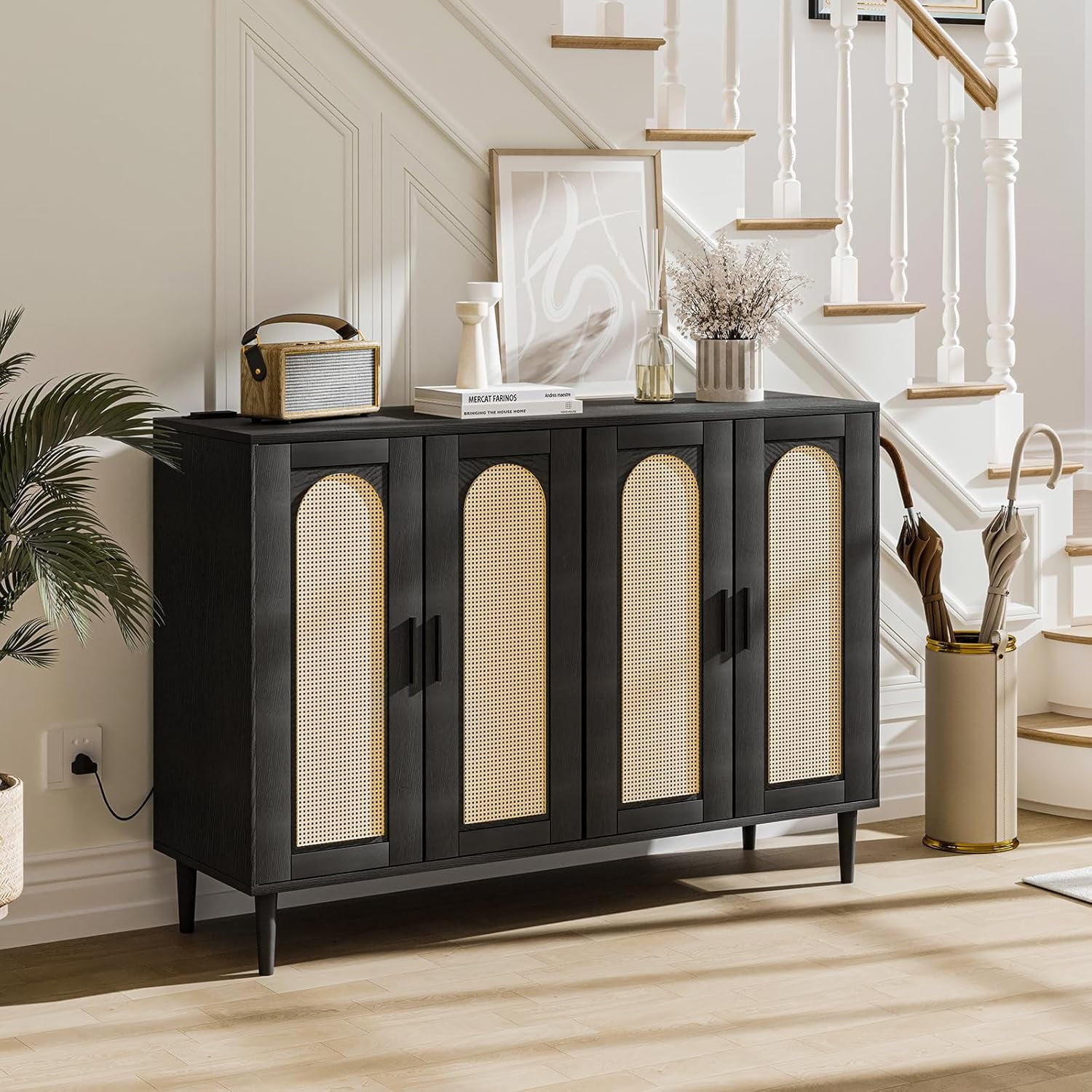 Black Rattan 4-Door Sideboard Buffet Cabinet with Power Outlet