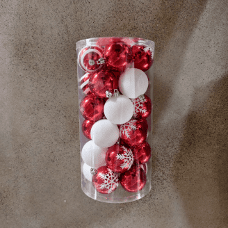 YUSAZENS Red White Snowflake Christmas Ball Ornament Tube Set, Mixed Matte Gloss Striped Shatterproof Baubles, Hanging Decor for Xmas Tree Mantel Indoor Holiday Home Party