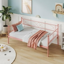 YUSAZENS Twin Size Daybed with Trundle - Metal Daybed Frame with Steel Slats, Headboard & Roll-Out Bed, Space-Saving Sleeper Sofa (Pink Daybed)