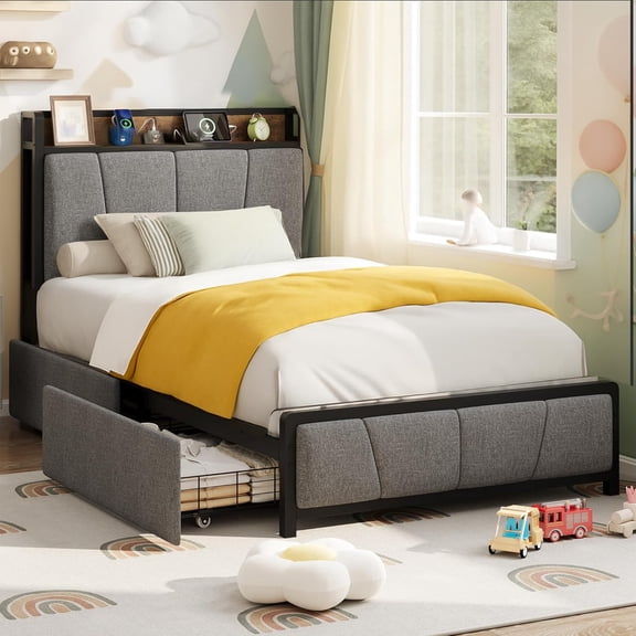IdealHouse Twin Size Upholstered Bed Frame with Storage Headboard, 2 Drawers, USB Charging Station, No Box Spring Needed, Heavy Duty, Grey