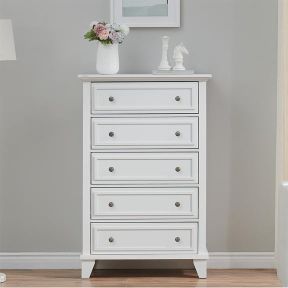 YUSAZENS White Dresser for Bedroom with 5 Drawers, Tall Wood Organizer Storage Cabinet with Large Storage Space Drawer for Closet, Living Room, Hallway, Nursery, Kids Bedroom