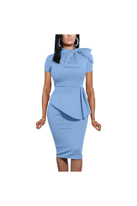 YUSHO Women Fashion Peplum Bodycon Short Sleeve Bow Club Ruffle Pencil Party Dress
