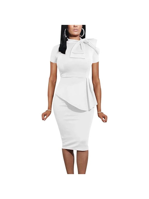 YUSHO Women Fashion Peplum Bodycon Short Sleeve Bow Club Ruffle Pencil Party Dress