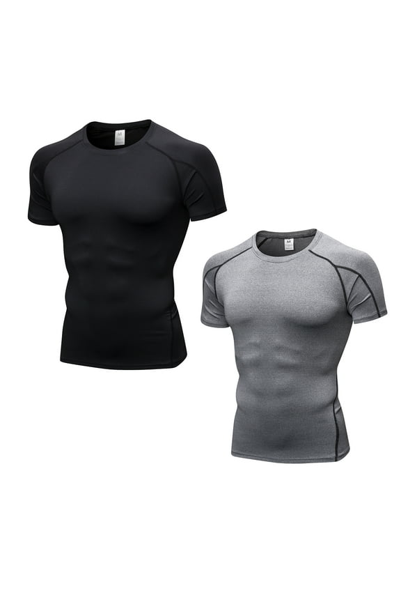 2 Pack Mens Compression Shirts Short Sleeve Athletic Cool Dry Workout T Shirt Size XL