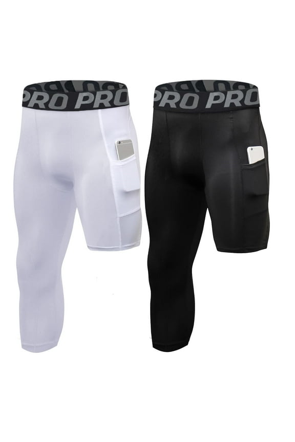 2 Pack One Leg Compression Pants Basketball Mens 3/4 Capri Tights for Sports Running Size M