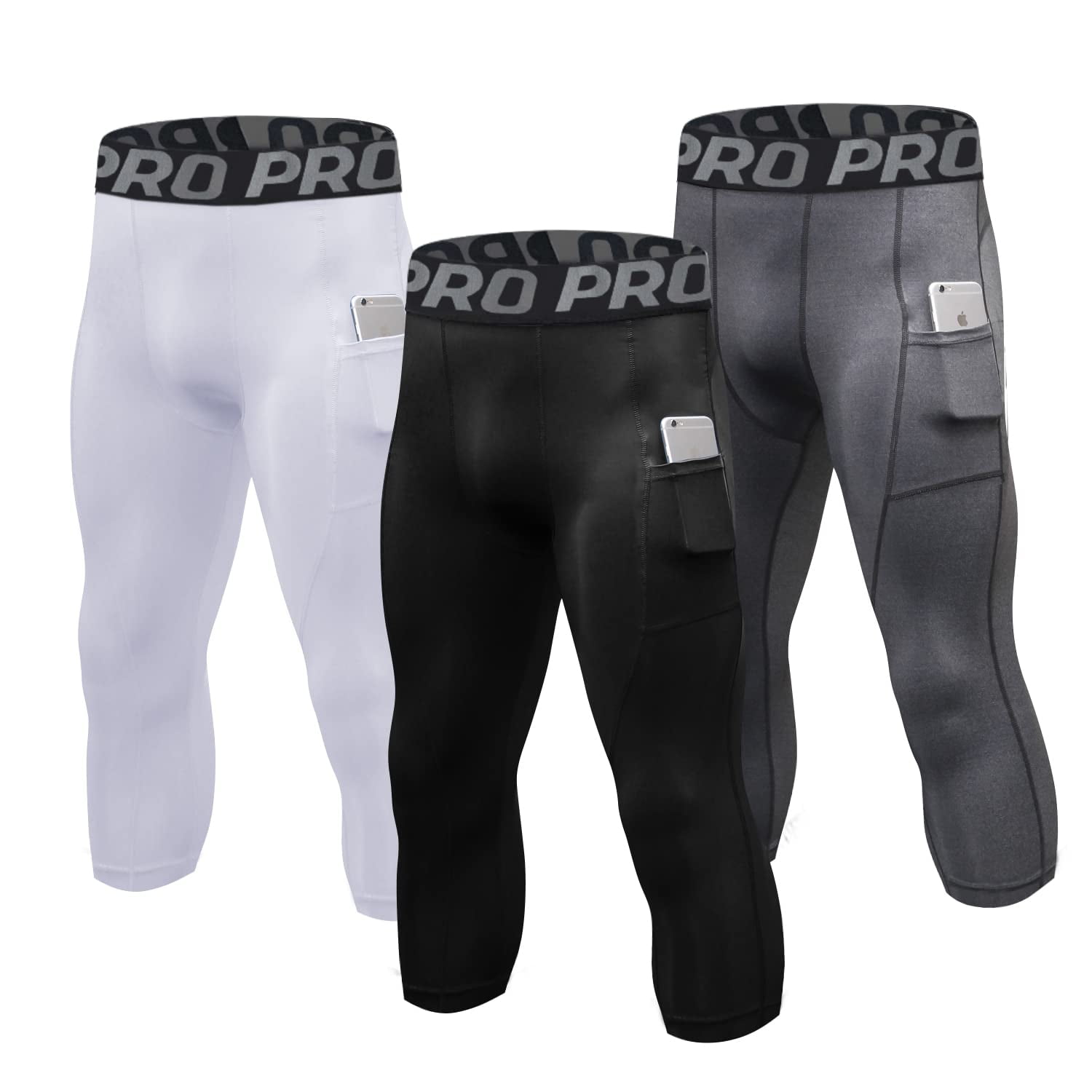 YUSHOW 3 Pack Mens Tights 3 4 Compression Pants with Pockets Workout Base Layer Leggings for Sports Male XL