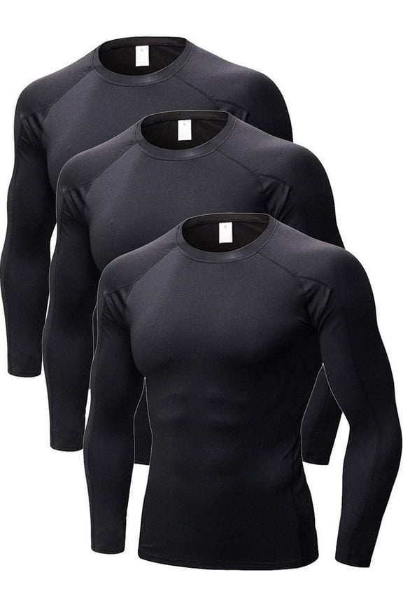 3 Pack Mens Compression Shirts Long Sleeve Workout Cool Dry Performance Running Shirts Size L
