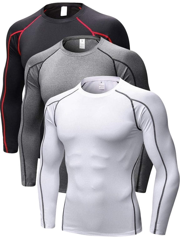 Men's Quick-Drying Breathable Lightweight Compression Shirts, Long Sleeve, 3 Pack, Size M