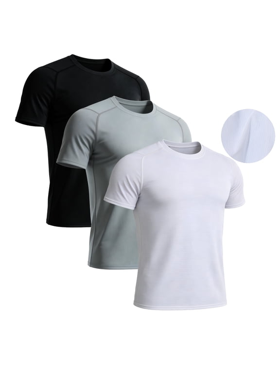 3 Pack Mens Athletic Shirts Quick Dry Moisture Wicking Gym Workout T Shirts Crew Neck, US Size L