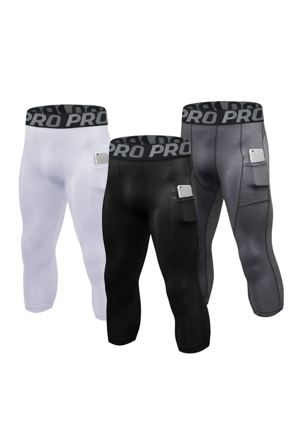Men's 3/4 Compression Pants 3-Pack Workout Tights with Pockets Athletic Leggings for Running Large