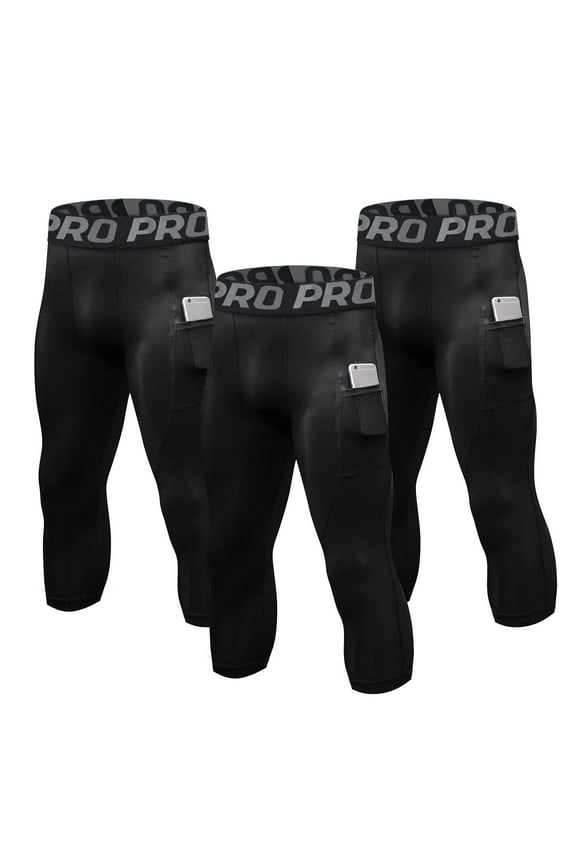 Men's 3/4 Compression Pants 3-Pack Workout Tights with Pockets Athletic Leggings for Running Medium