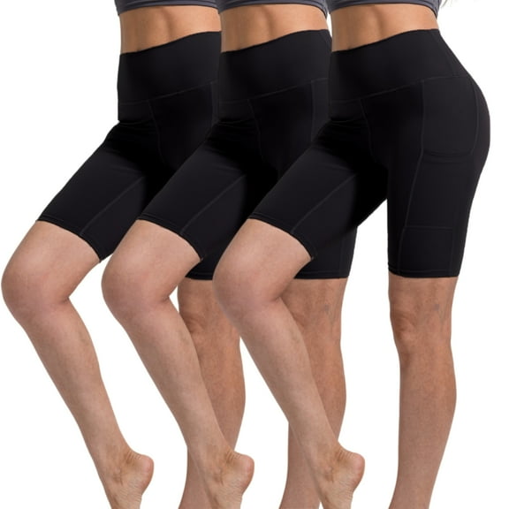YUSHOW 3 Pack Women's High Waist Yoga Shorts with Pockets Tummy Control Workout Bike Shorts Size L