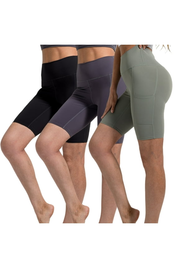 3 Pack Women's High Waist Yoga Shorts with Pockets Tummy Control Workout Bike Shorts Size M
