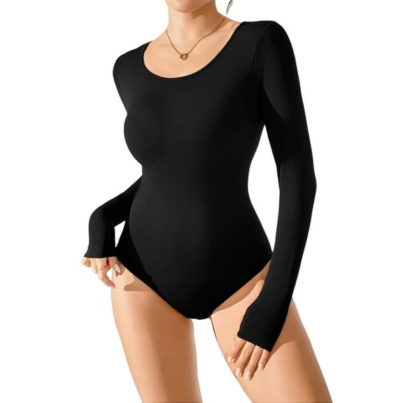 YUSHOW Body Suits for Womens Long Sleeve Round Neck Casual Second-skin Feel Bodysuit Shirts Black,M