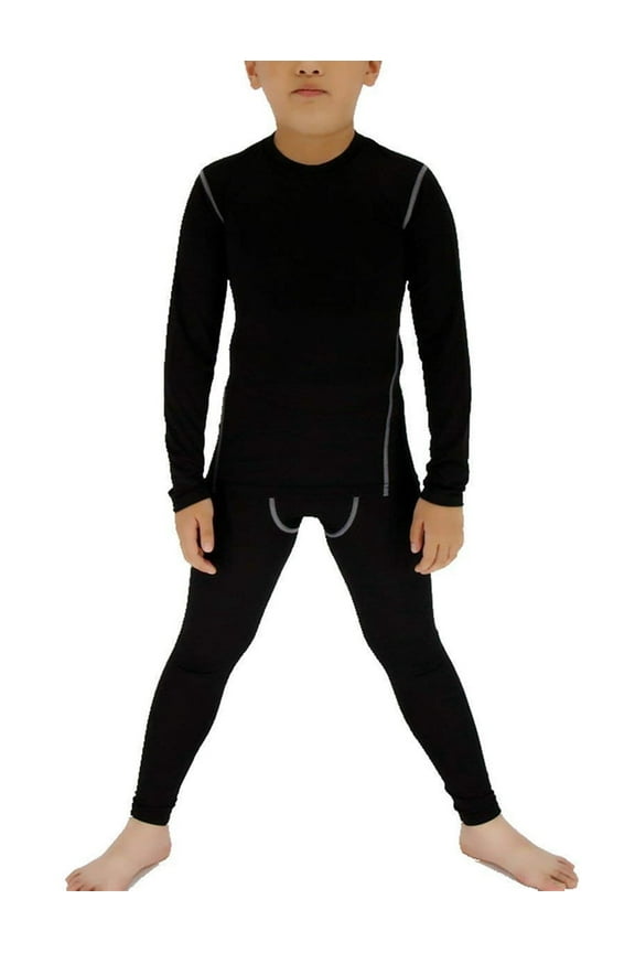 Youth Boys Compression Shirts & Pants Long Sleeve Athletic Shirts Sport Soccer Leggings Black Size 7