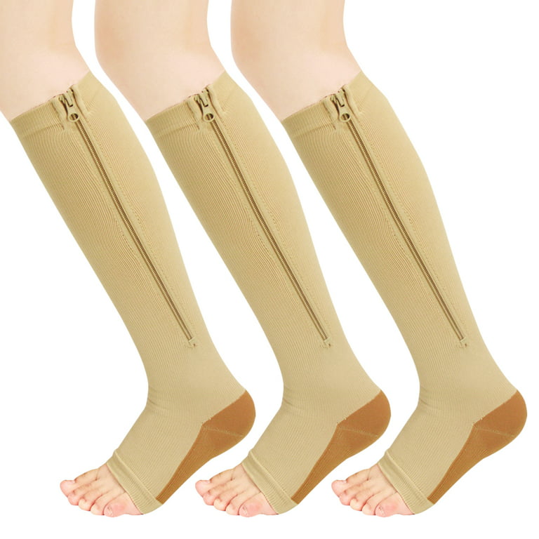 YUSHOW Easy On Zip Compression Socks For Men Women With Toe Open Design  Zipper Leg Support Knee-High Stockings 3 Pairs 