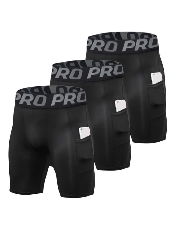 Men's Compression Shorts Running Gym Yoga Athletic Workout Underwear with Pocket 3 Pack Size M